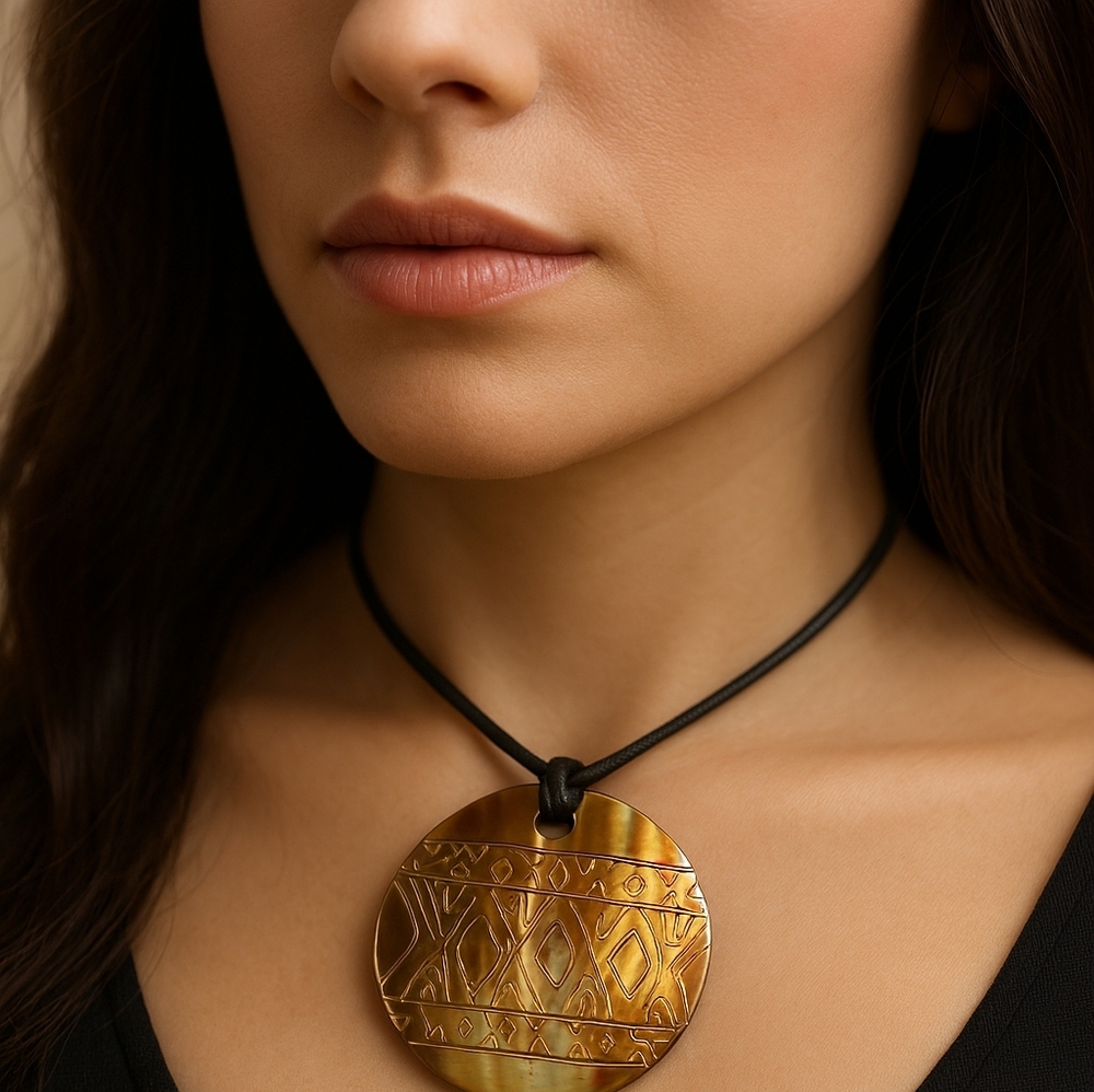 Tribal Carved Horn Pendant Necklace – Round Ethnic Design on Brown Cord, Jewelry